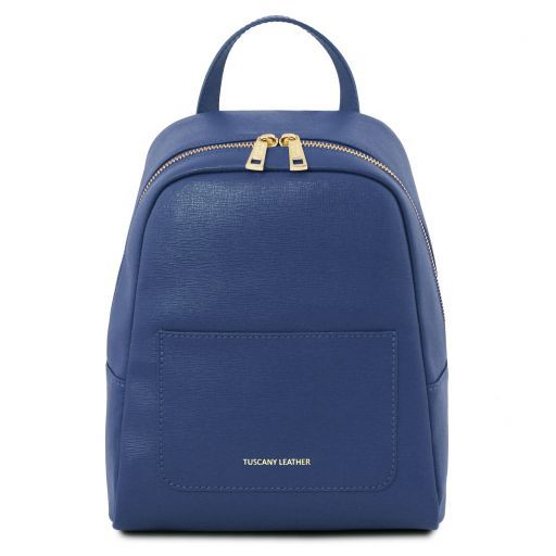 blue leather backpack